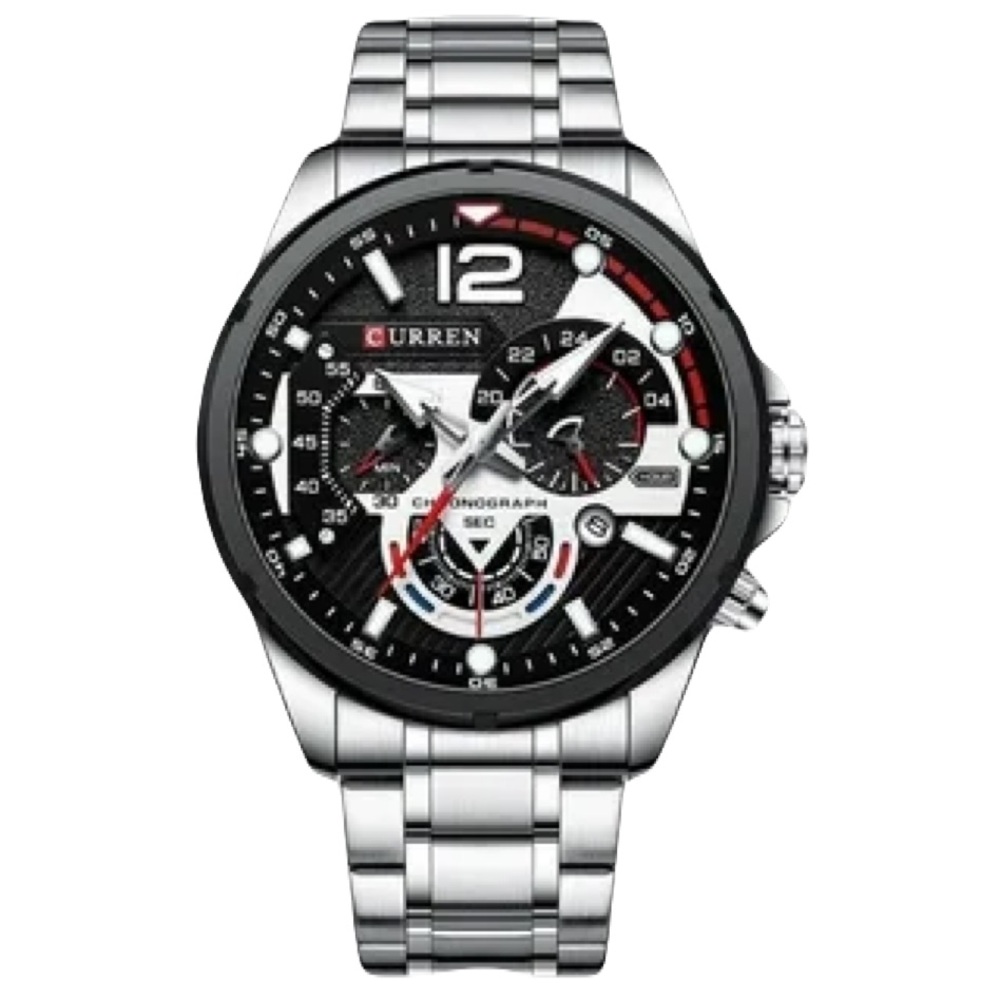 New Silver Chronograph Mens Sport Quartz Waterproof Luxury Stainless Steel Watch
